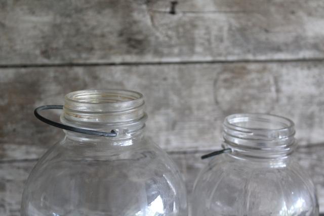 photo of vintage glass jars w/ wire bail handles, primitive old vinegar bottles w/ paper label #7