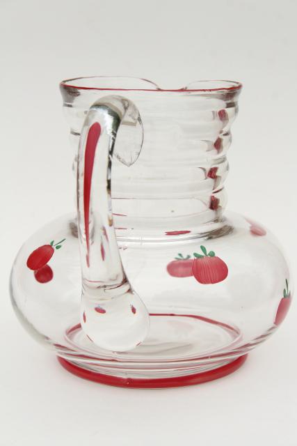 photo of vintage glass juice pitcher w/ hand painted tiny red tomatoes, retro kitchen glassware #3