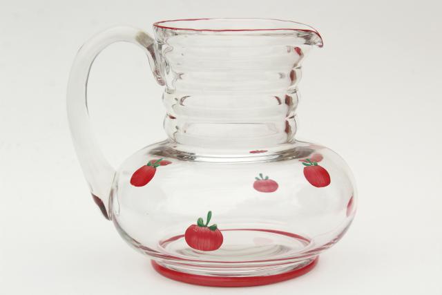 photo of vintage glass juice pitcher w/ hand painted tiny red tomatoes, retro kitchen glassware #4