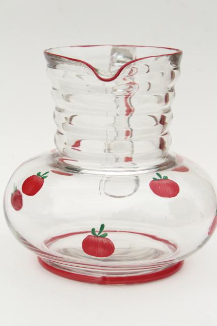 photo of vintage glass juice pitcher w/ hand painted tiny red tomatoes, retro kitchen glassware #5