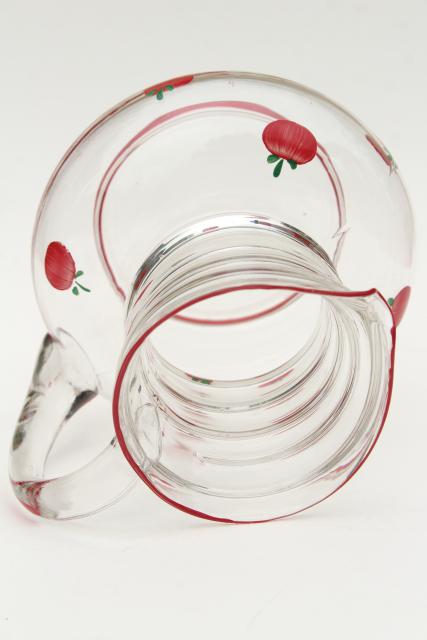 photo of vintage glass juice pitcher w/ hand painted tiny red tomatoes, retro kitchen glassware #6