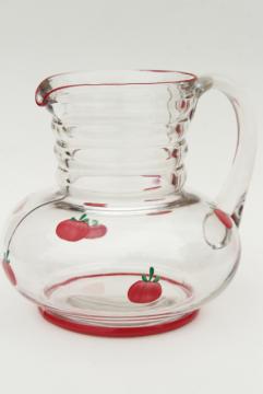 catalog photo of vintage glass juice pitcher w/ hand painted tiny red tomatoes, retro kitchen glassware