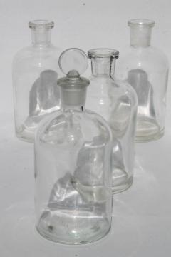 catalog photo of vintage glass lab chemical bottles, old apothecary bottle lot, pharmacy medicine bottles