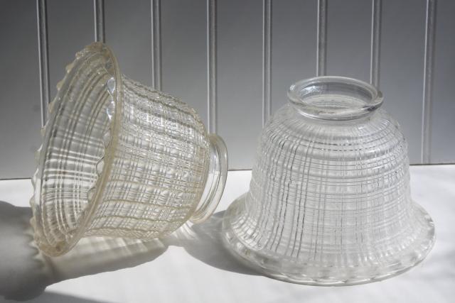 photo of vintage glass lamp or light shade pair holophane style prismatic waffle pattern clear glass #1
