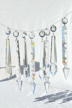 catalog photo of vintage glass lustres, mantel lamp lusters, long glass prisms hanging ornaments