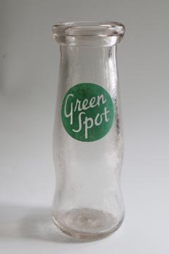 vintage glass milk bottle Green Spot soda advertising, rustic modern neutral decor 