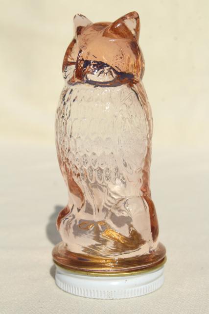 photo of vintage glass owl jar, figural candy container in pink depression glass #1