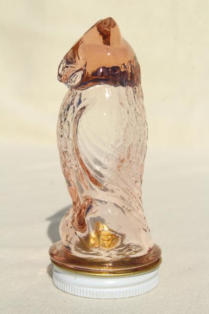 photo of vintage glass owl jar, figural candy container in pink depression glass #4