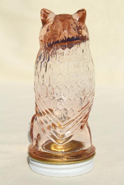 photo of vintage glass owl jar, figural candy container in pink depression glass #5