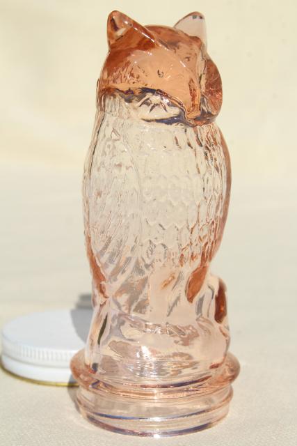 photo of vintage glass owl jar, figural candy container in pink depression glass #7