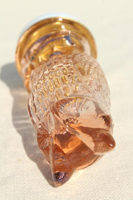 photo of vintage glass owl jar, figural candy container in pink depression glass #10