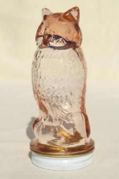 catalog photo of vintage glass owl jar, figural candy container in pink depression glass