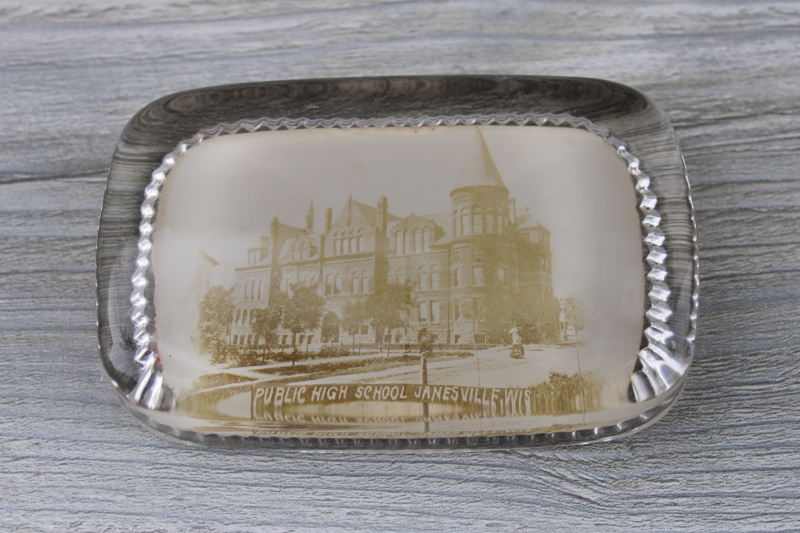 photo of vintage glass paperweight w/ antique real photo postcard Janesville Wisconsin high school #1