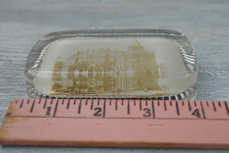 photo of vintage glass paperweight w/ antique real photo postcard Janesville Wisconsin high school #3