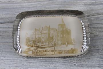 vintage glass paperweight w/ antique real photo postcard Janesville Wisconsin high school