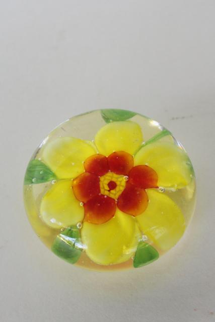 photo of vintage glass paperweight, yellow flower daisy encased in clear glass, art glass made in China #2
