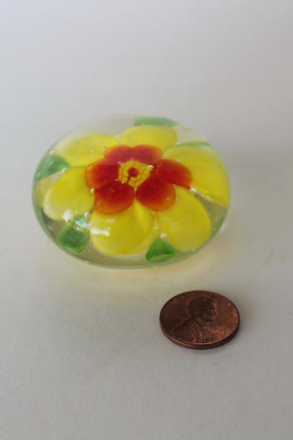 photo of vintage glass paperweight, yellow flower daisy encased in clear glass, art glass made in China #3