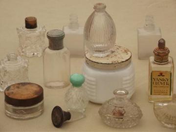 catalog photo of vintage glass perfume bottle collection, old vanity jars and bottles