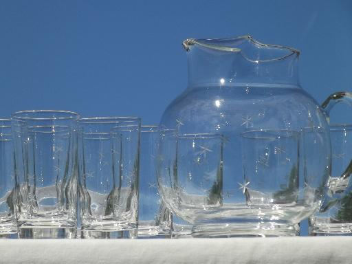 photo of vintage glass pitcher & ten glasses, six-pointed star pattern w/ grey cut stars #1