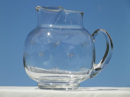 photo of vintage glass pitcher & ten glasses, six-pointed star pattern w/ grey cut stars #5