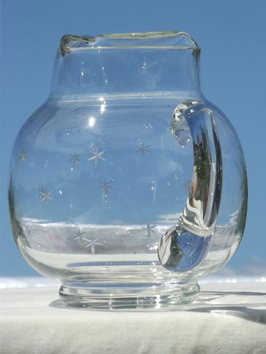 photo of vintage glass pitcher & ten glasses, six-pointed star pattern w/ grey cut stars #9