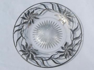 catalog photo of vintage glass plate, hand-painted silver deposit flower pattern