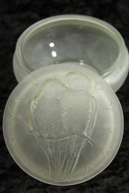 photo of vintage glass powder puff box, love bird budgies parakeets embossed frosted glass #1