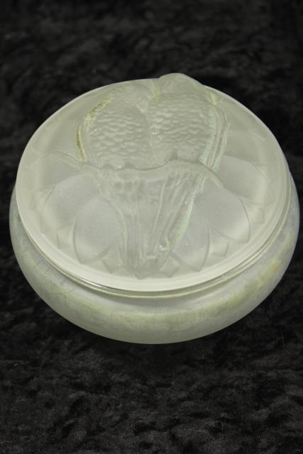 photo of vintage glass powder puff box, love bird budgies parakeets embossed frosted glass #2