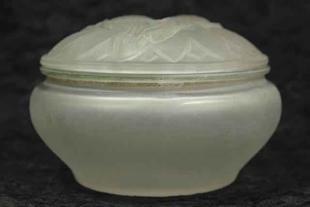 photo of vintage glass powder puff box, love bird budgies parakeets embossed frosted glass #3