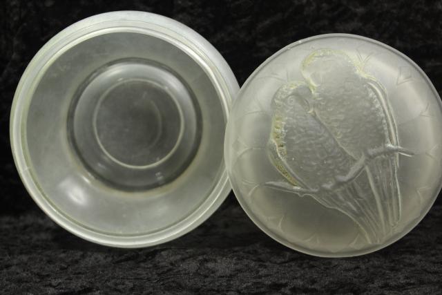 photo of vintage glass powder puff box, love bird budgies parakeets embossed frosted glass #5