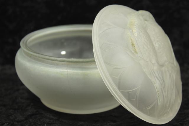 photo of vintage glass powder puff box, love bird budgies parakeets embossed frosted glass #8