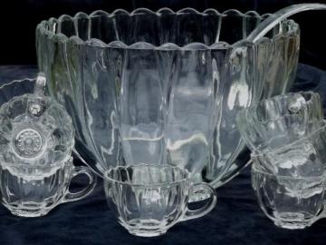 catalog photo of vintage glass punch  set w/ clear glass flower shaped bowl & punch cups