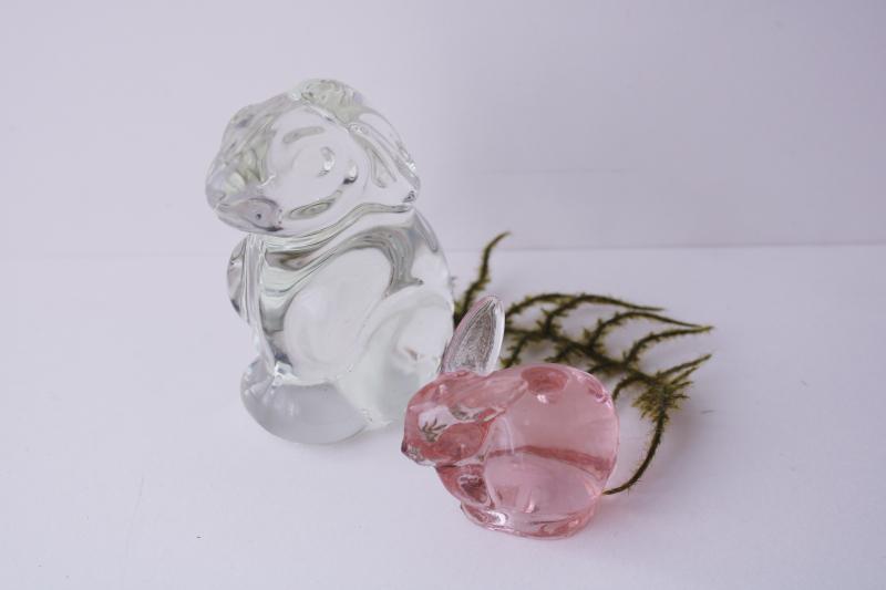 photo of vintage glass rabbits, crystal clear & pink glass bunny paperweight and candle holder #1