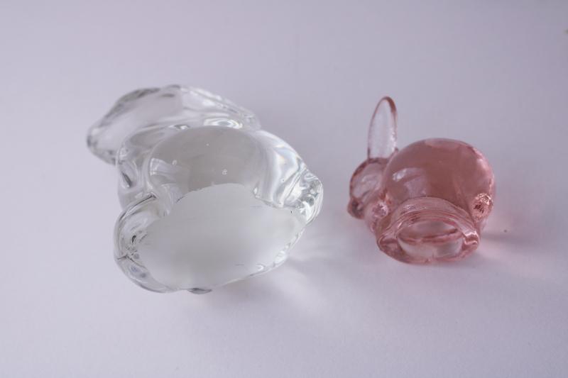 photo of vintage glass rabbits, crystal clear & pink glass bunny paperweight and candle holder #2