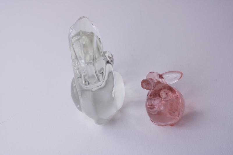 photo of vintage glass rabbits, crystal clear & pink glass bunny paperweight and candle holder #3