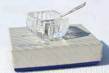 catalog photo of vintage glass salt dish w/ tiny sterling silver spoon, original Westmoreland box