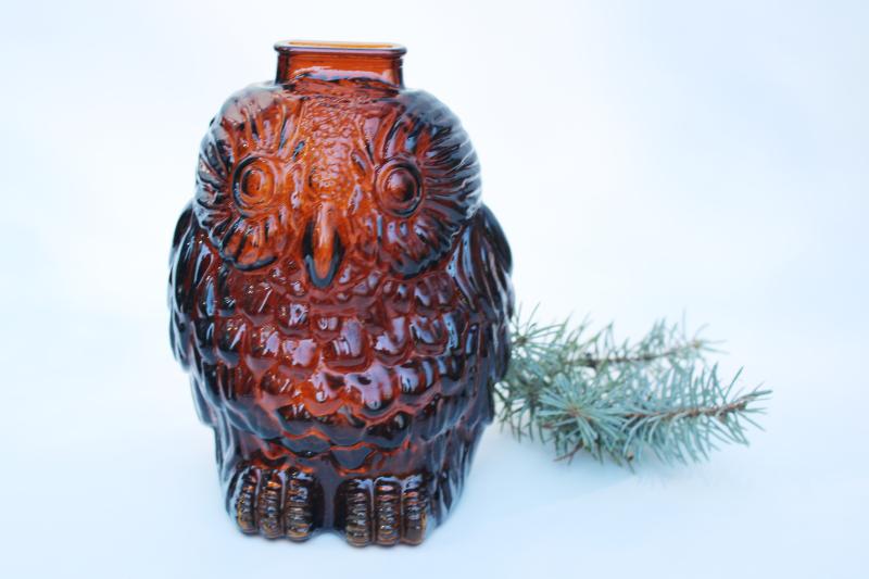 photo of vintage glass savings bank Wise Old Owl, root beer brown dark amber glass #1