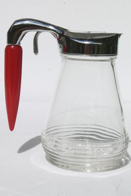 photo of vintage glass syrup pitcher w/ cherry red bakelite torpedo bullet handle #3