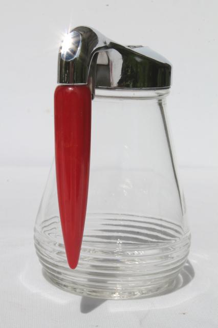 photo of vintage glass syrup pitcher w/ cherry red bakelite torpedo bullet handle #4