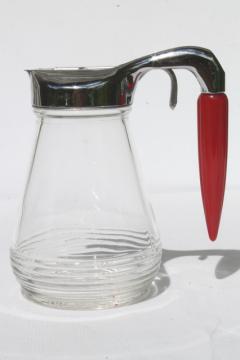 catalog photo of vintage glass syrup pitcher w/ cherry red bakelite torpedo bullet handle