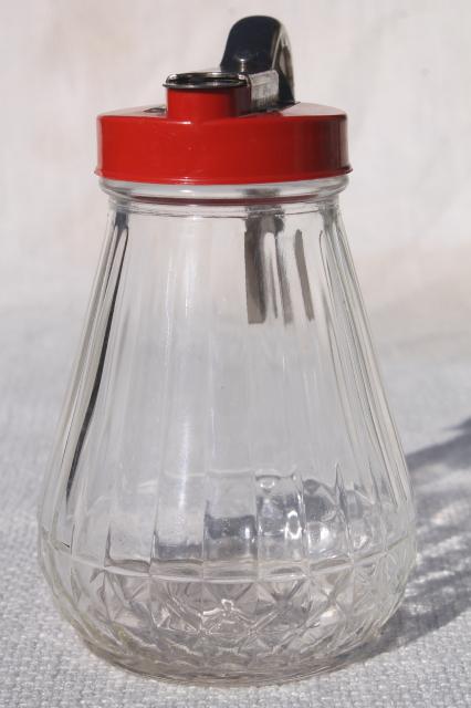 photo of vintage glass syrup pitcher w/ dripcut type metal trigger, red plastic lid #4