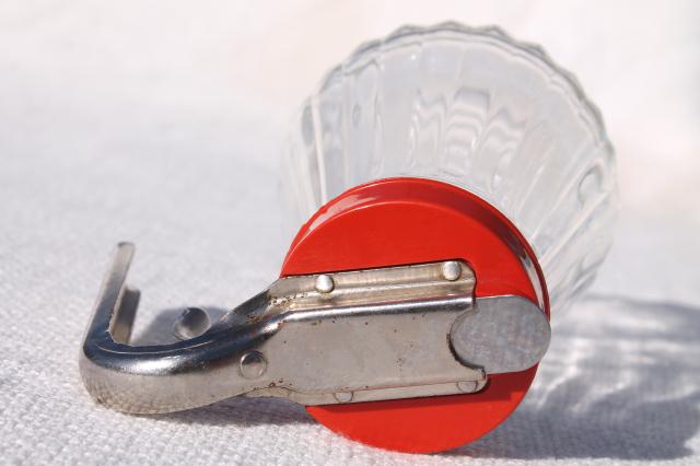 photo of vintage glass syrup pitcher w/ dripcut type metal trigger, red plastic lid #5
