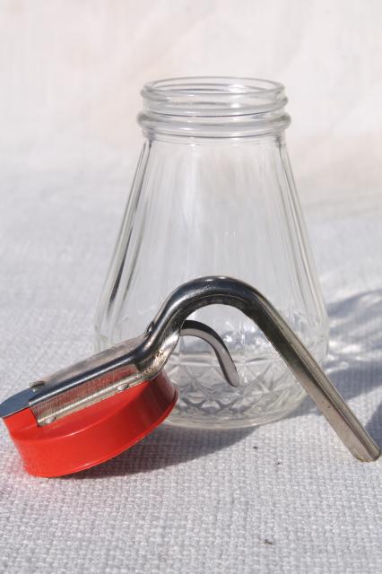 photo of vintage glass syrup pitcher w/ dripcut type metal trigger, red plastic lid #6