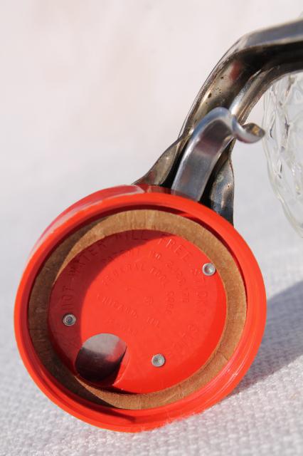 photo of vintage glass syrup pitcher w/ dripcut type metal trigger, red plastic lid #9