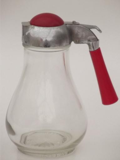 photo of vintage glass syrup pitcher w/ red plastic handle, red bakelite & chrome #1