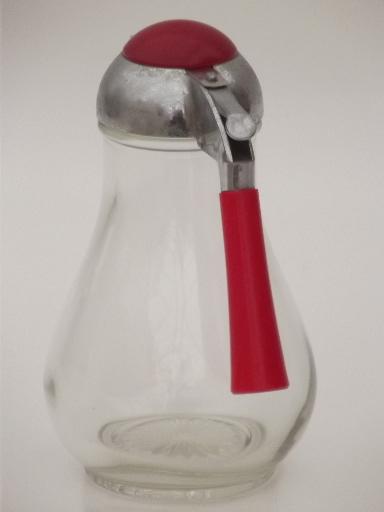 photo of vintage glass syrup pitcher w/ red plastic handle, red bakelite & chrome #3