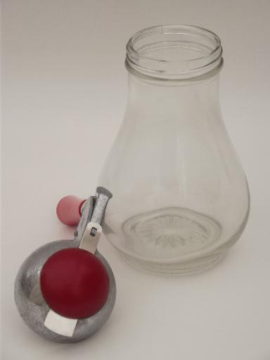 photo of vintage glass syrup pitcher w/ red plastic handle, red bakelite & chrome #4