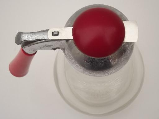 photo of vintage glass syrup pitcher w/ red plastic handle, red bakelite & chrome #7