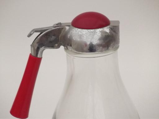 photo of vintage glass syrup pitcher w/ red plastic handle, red bakelite & chrome #8