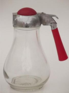 catalog photo of vintage glass syrup pitcher w/ red plastic handle, red bakelite & chrome